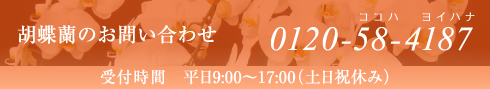 胡蝶蘭のお問い合わせ 0120-58-4187 受付時間 平日9:00〜17:00(土日祝休み)