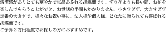 見た目もよく､全体的な輪数､ボリュームもあり､バランスのとれた商品です｡開店祝い､開業祝い､就任祝い､移転祝い､竣工祝いなどのビジネスなどでのご利用で､法人様には人気があります｡もちろん個人様へのさまざまなお祝い事にもご利用されています｡ご予算3万円程度で､定番の｢白色｣をお探しの方にはおすすめの胡蝶蘭です｡